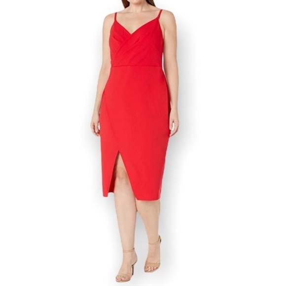 Betsey Johnson Wrap Front Red Cocktail Midi Dress with Slit Spaghetti Straps 14W - Picture 1 of 8